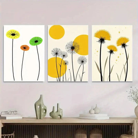 3pcs Modern Abstract Dandelion Vibrant Yellow Metal Print Ready to Hang Art