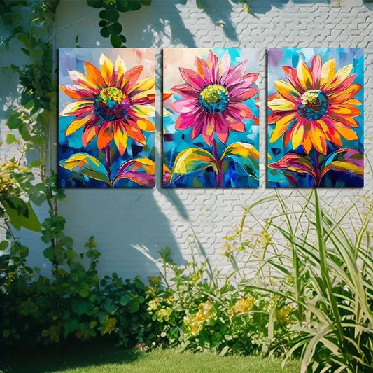 3pcs Colourful Sunflower Yellow Blue Pink Metal Print Ready to Hang Art