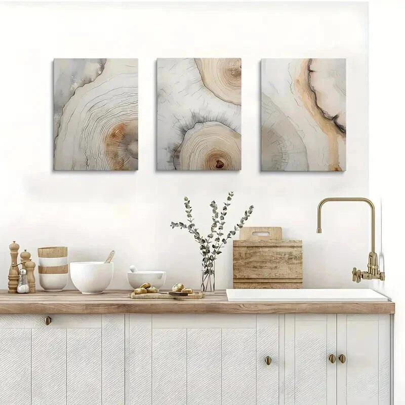 3pcs Geometric Neutral Tree Ring Patterns Wall Art Set Canvas Framed 40x60cm - High Quality Print 100% Australian Made Wall Canvas Ready to Hang