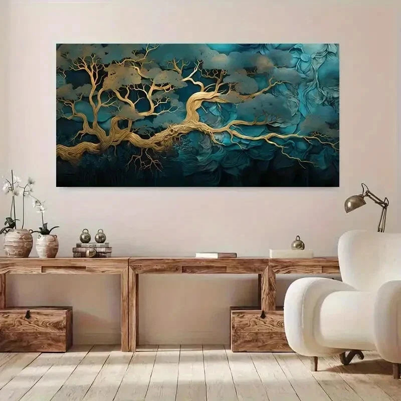 Green and Golden Abstract wall canvas office home room framed 120x60cm