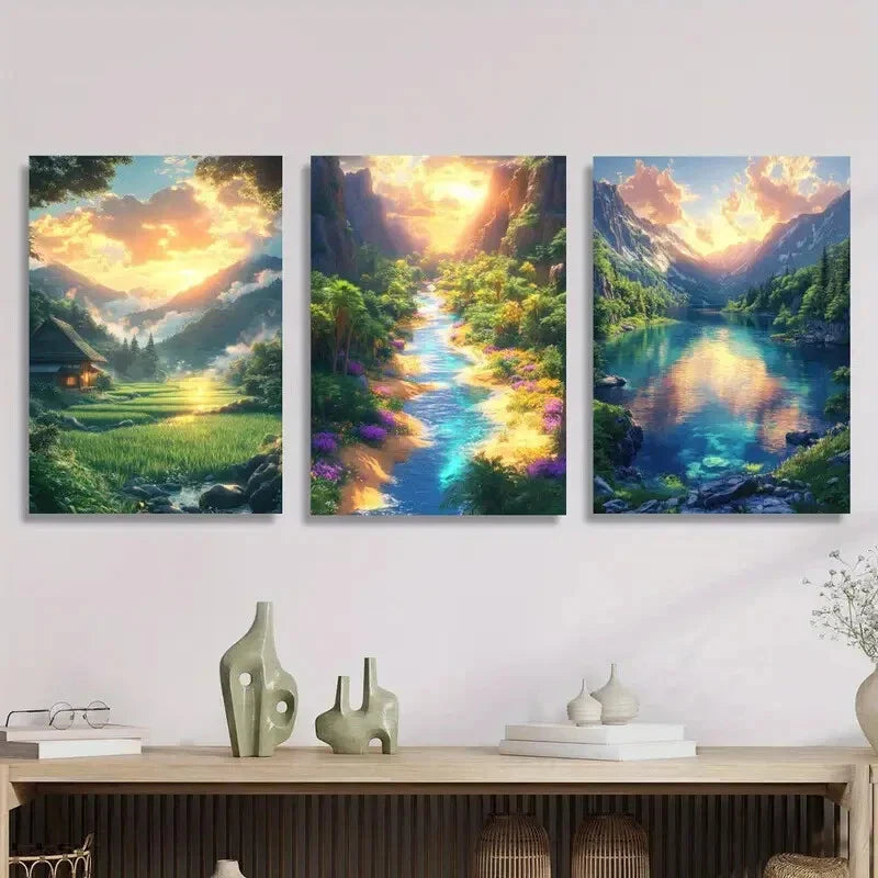 3pcs beautiful scenery of waterfalls and flowers Metal Print Ready to Hang Art