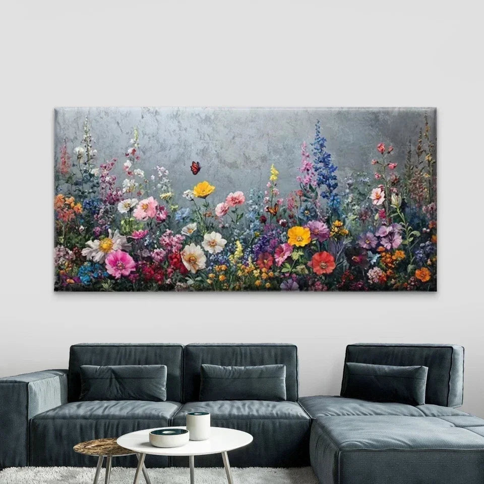 Wildflowers with Butterflies Wall Art Canvas Office Home Room Framed 80x45cm