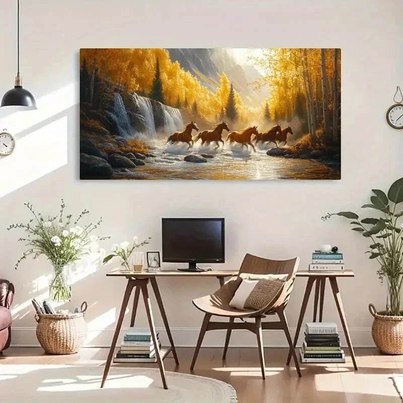 Waterfall & Autumn Leaves Wall Art Canvas Office Home Room Framed 120x60cm