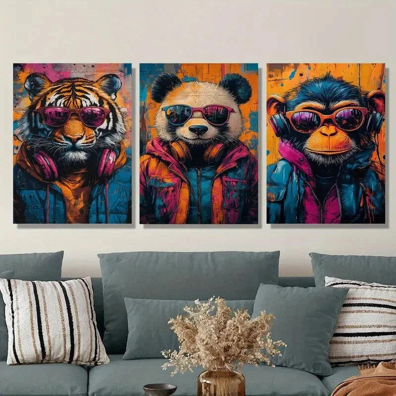3pcs  Animals wearing glasses and headphones Wall Art Set Canvas Framed 40x60cm - High Quality Print 100% Australian Made Wall Canvas Ready to Hang