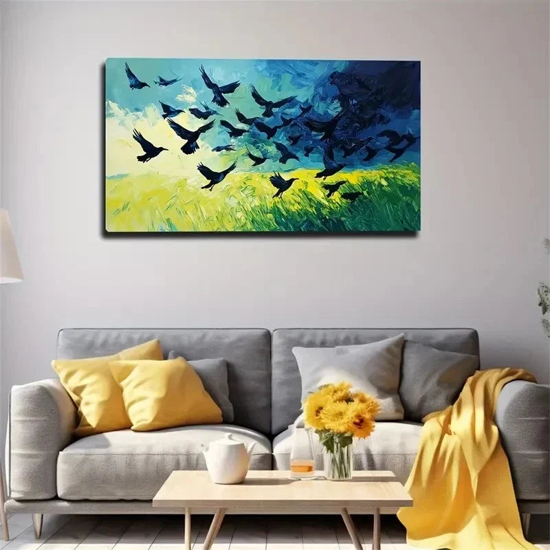 Black Crows On The Prairie Wall Art Canvas Office Home Room Framed 120x60cm