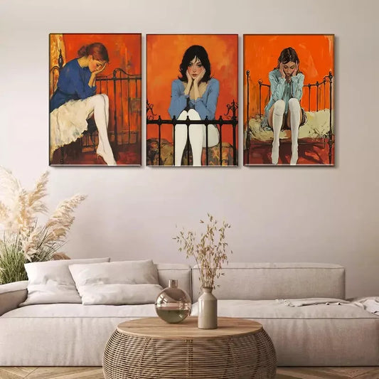 3pcs Vintage Style Girl Portraits Triptych Wall Art Set Canvas Framed 40x60cm - High Quality Print 100% Australian Made Wall Canvas Ready to Hang
