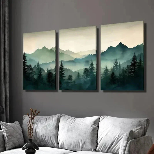 3pcs Foggy Mountains and Forest Landscape Wall Art Set Canvas Framed 40x60cm - High Quality Print 100% Australian Made Wall Canvas Ready to Hang