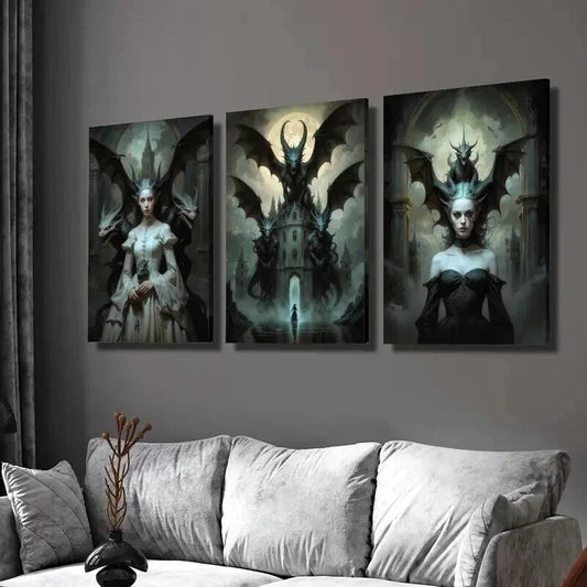 3pcs Haunted Dragon Queen Castle Illustration Wall Art Set Canvas Framed 40x60cm - High Quality Print 100% Australian Made Wall Canvas Ready to Hang