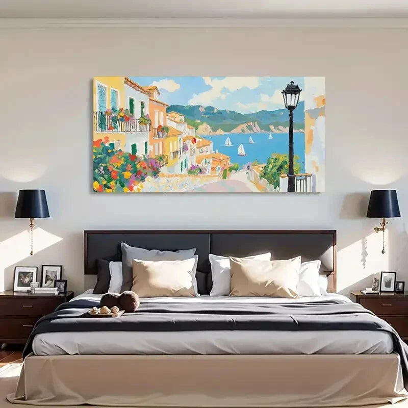 Coastal Scenery Lush Flowers Wall Art Canvas Office Home Room Framed 80x45cm
