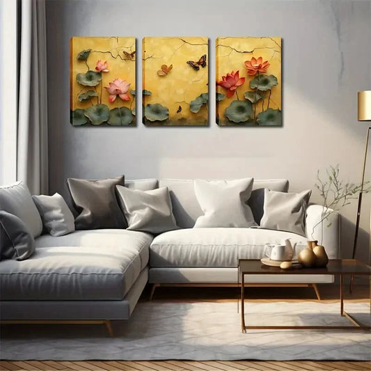 3pcs Lotus Flowers with Water and Butterflies Wall Art Set Canvas Framed 40x60cm - High Quality Print 100% Australian Made Wall Canvas Ready to Hang