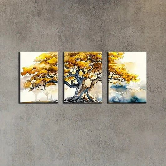 3pcs Magnificent Golden Tree Of Life Metal Print Ready to Hang Art