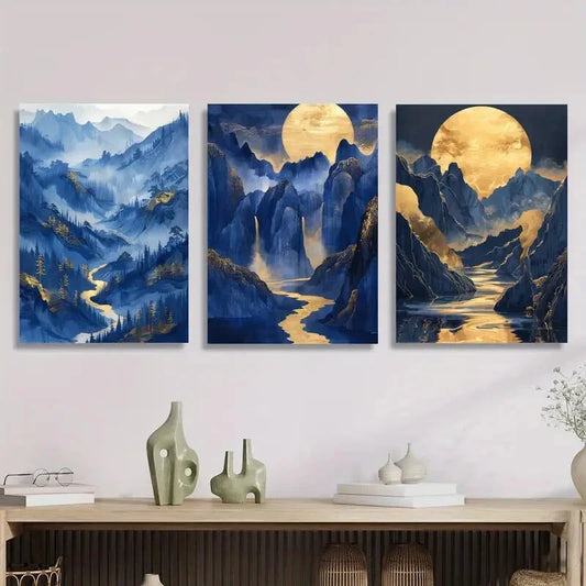3pcs The bright moon, gilded mountains Metal Print Ready to Hang Art