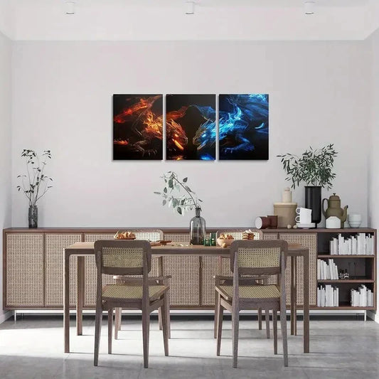 3pcs Stunning Orange & Blue Dragons Metal Print Ready to Hang Art