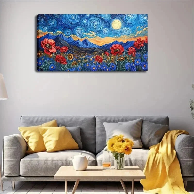 Rotating Blue Starry Sky Yellow Wall Art Canvas Office Home Room Framed 120x60cm