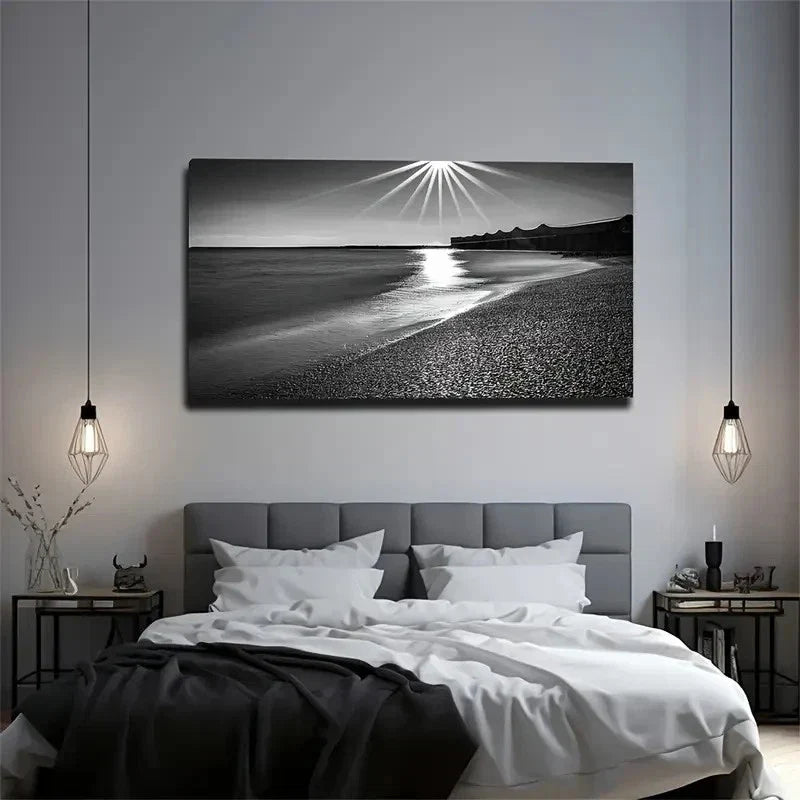 Black And White Beach Wall Art Canvas Office Home Room Framed 80x45cm