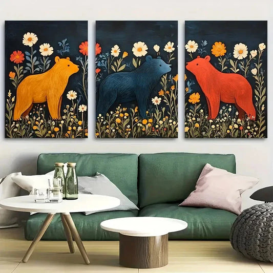 3pcs Three Bear in Garden Folk Metal Print Ready to Hang Art