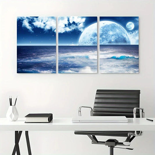 3pcs Peaceful Ocean And Moonlight Sky Metal Print Ready to Hang Art