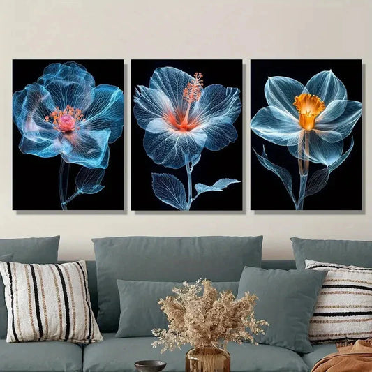 3pcs  Translucent blue flowers poster Metal Print Ready to Hang Art