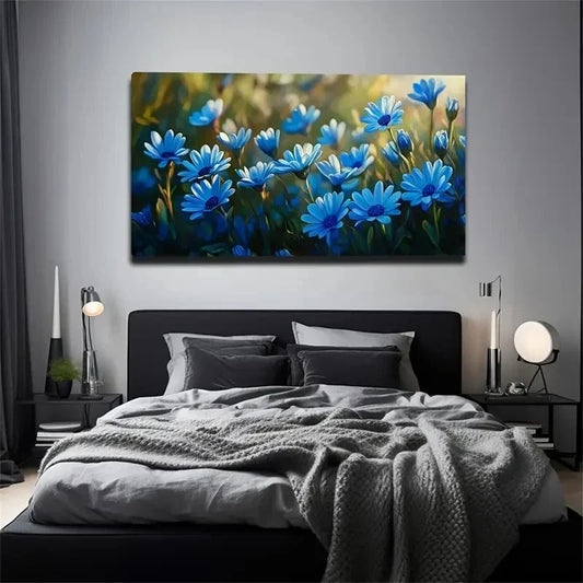Chic Blue Floral Watercolor Wall Art Canvas Office Home Room Framed 80x45cm