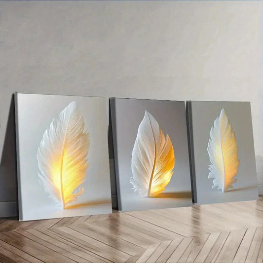 3pcs Feathers that glow Wall Art Set Canvas Framed 40x60cm - High Quality Print 100% Australian Made Wall Canvas Ready to Hang