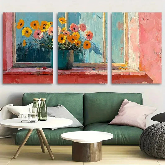 3pcs Floral in Vase close to Window Design Metal Print Ready to Hang Art