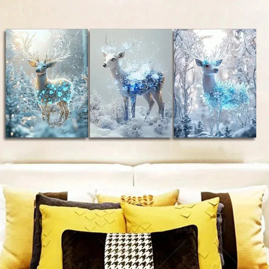 3pcs Deer with Snowflakes, Ice-Blue & Golden Wall Art Set Canvas Framed 40x60cm - High Quality Print 100% Australian Made Wall Canvas Ready to Hang