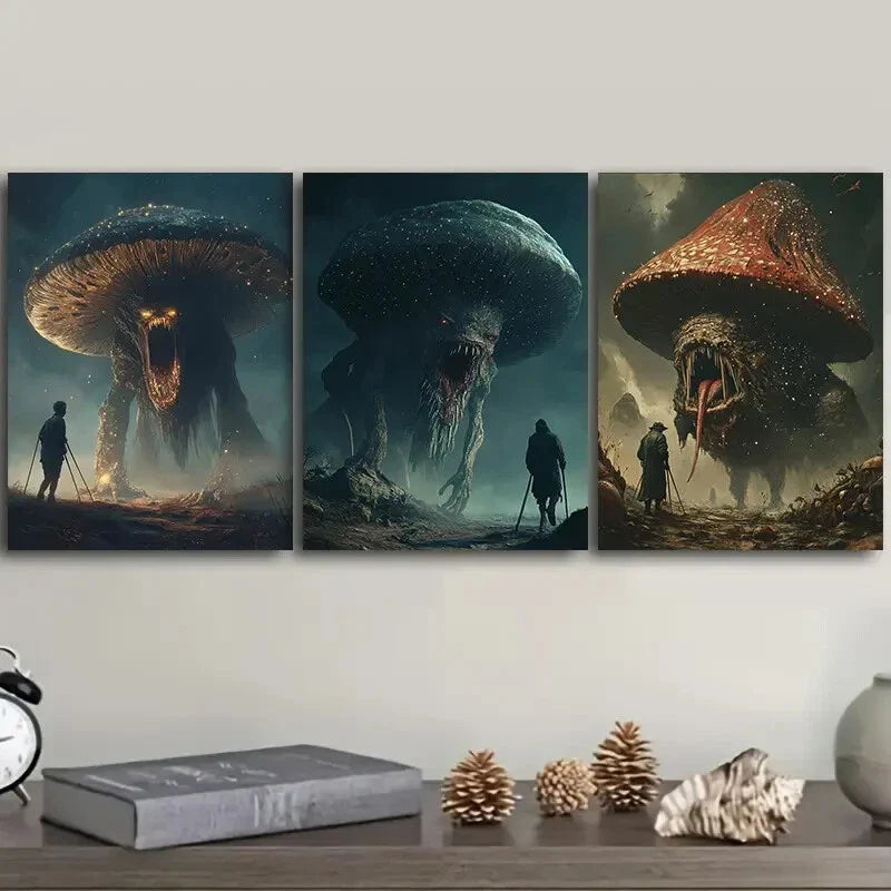 3pcs Mushroom monster Art Painting Metal Print Ready to Hang Art
