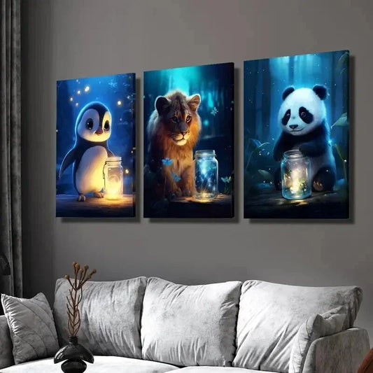 3pcs Enchanted Luminous Forest Creatures Wall Art Set Canvas Framed 40x60cm - High Quality Print 100% Australian Made Wall Canvas Ready to Hang