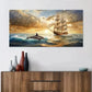 Sunset Dolphin with Ship wall canvas office home room framed 120x60cm
