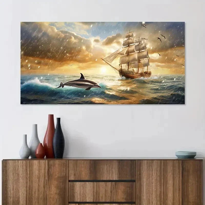 Sunset Dolphin with Ship wall canvas office home room framed 120x60cm