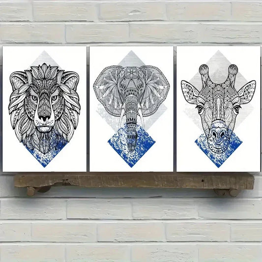 3pcs Totem Lion Elephant Giraffe Head Art Prints Metal Print Ready to Hang Art
