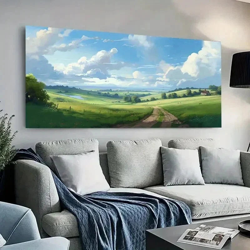 Green Meadow Pathway & Sky wall canvas office home room framed 120x60cm
