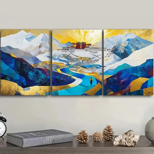 3pcs Vibrant Mountain Landscape with Golden Sunset  Metal Print Ready to Hang Art