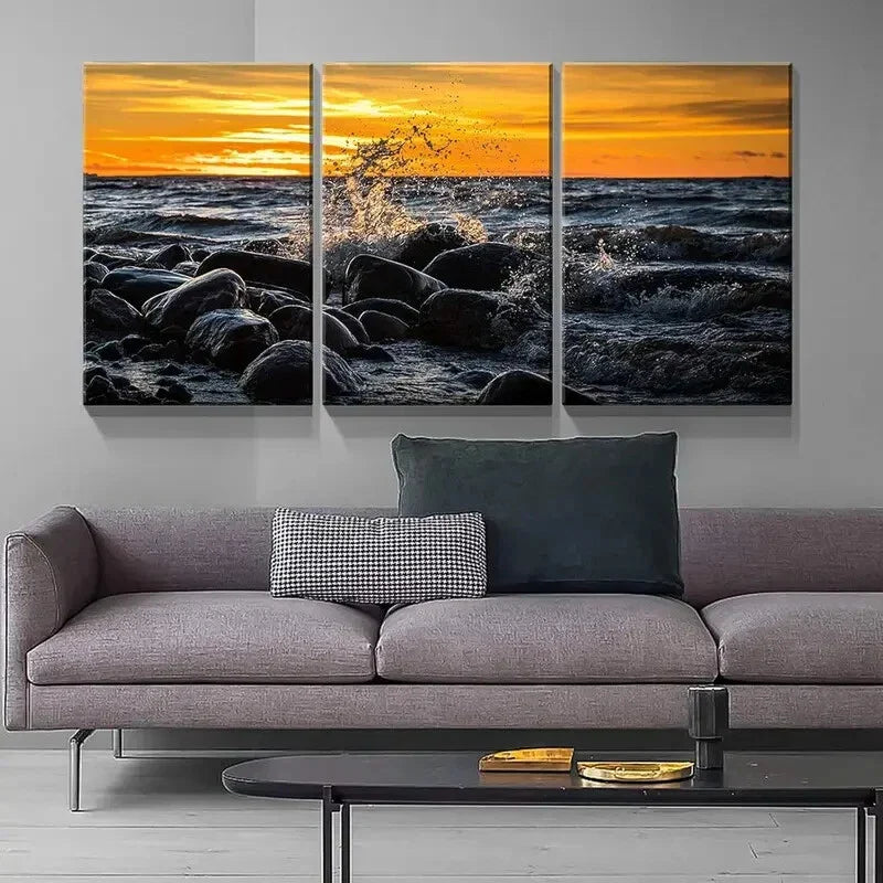3pcs  Sea and Stones in The Sunset Metal Print Ready to Hang Art