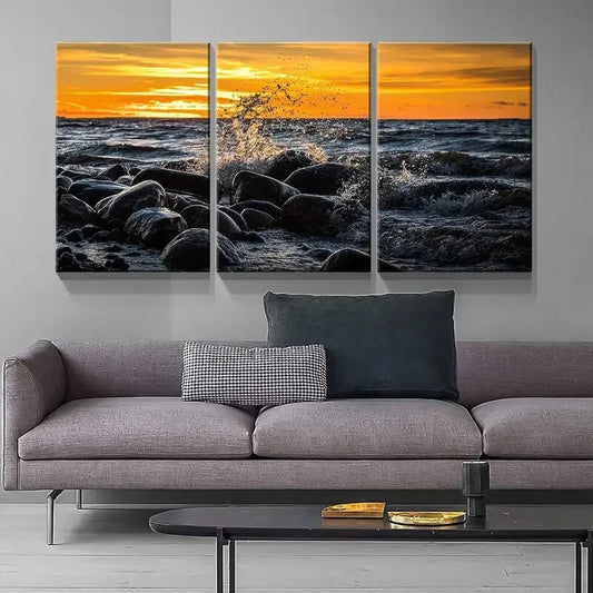 3pcs  Sea and Stones in The Sunset Metal Print Ready to Hang Art