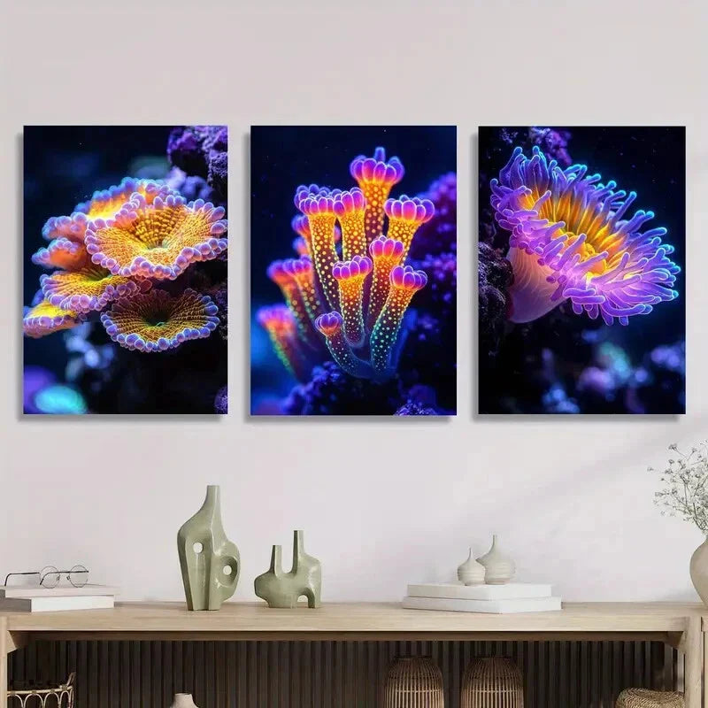3pcs Fantasy rainbow sea life, colorful Metal Print Ready to Hang Art