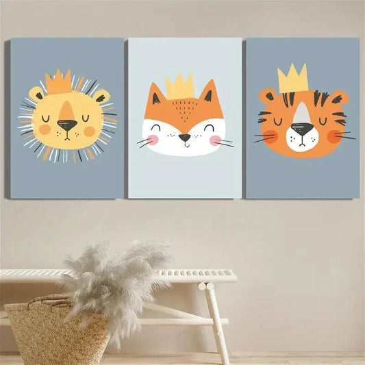 3pcs Cartoon crown animals lion fox and tiger Metal Print Ready to Hang Art
