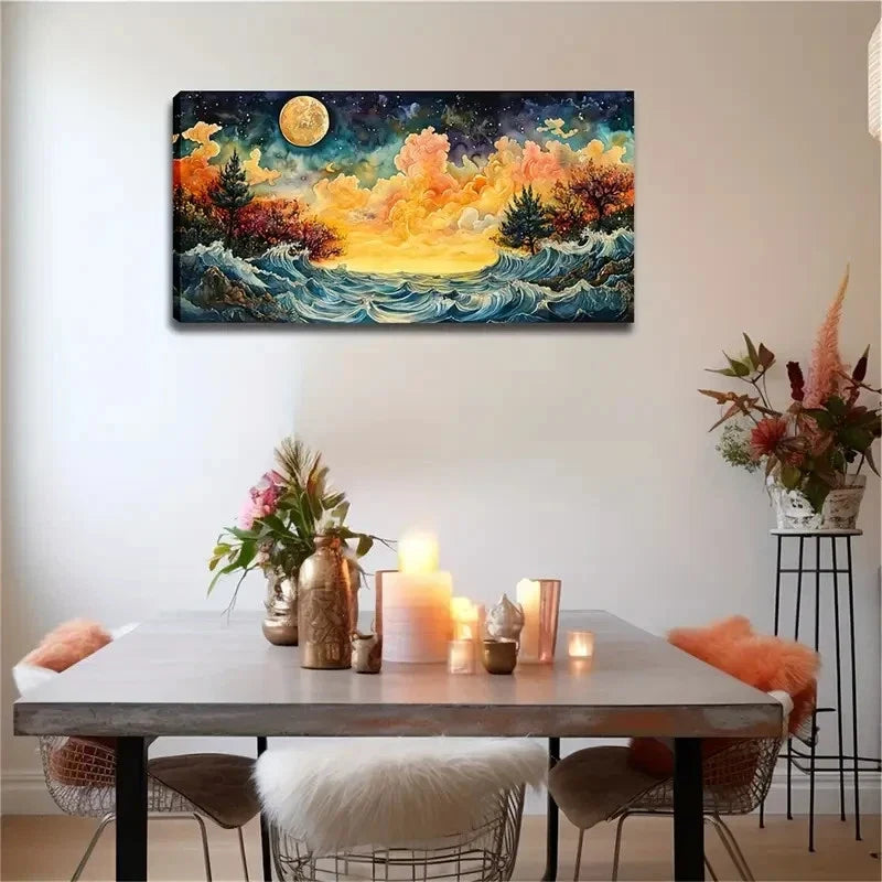 Golden Moon In Starry Sky Wall Art Canvas Office Home Room Framed 120x60cm