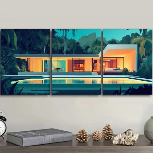 3pcs Mid-century modern house Metal Print Ready to Hang Art