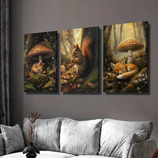 3pcs Squirrel Fox Mouse & Mushrooms Flowers Wall Art Set Canvas Framed 40x60cm - High Quality Print 100% Australian Made Wall Canvas Ready to Hang