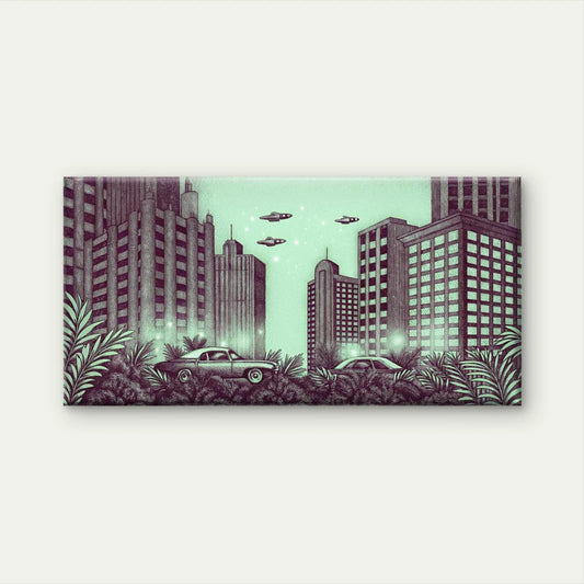 Alien Night City Wall Art Canvas Office Home Room Framed 80x45cm