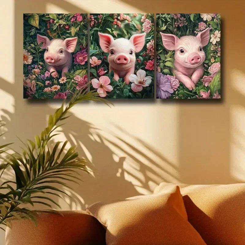3pcs Cute Pink Pig with Pink florals and Greenery Metal Print Ready to Hang Art