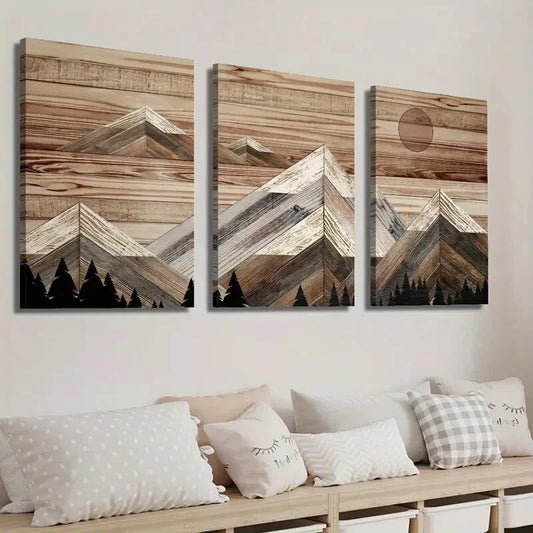 3pcs Mountains and Red Sun Background Wall Art Set Canvas Framed 40x60cm - High Quality Print 100% Australian Made Wall Canvas Ready to Hang