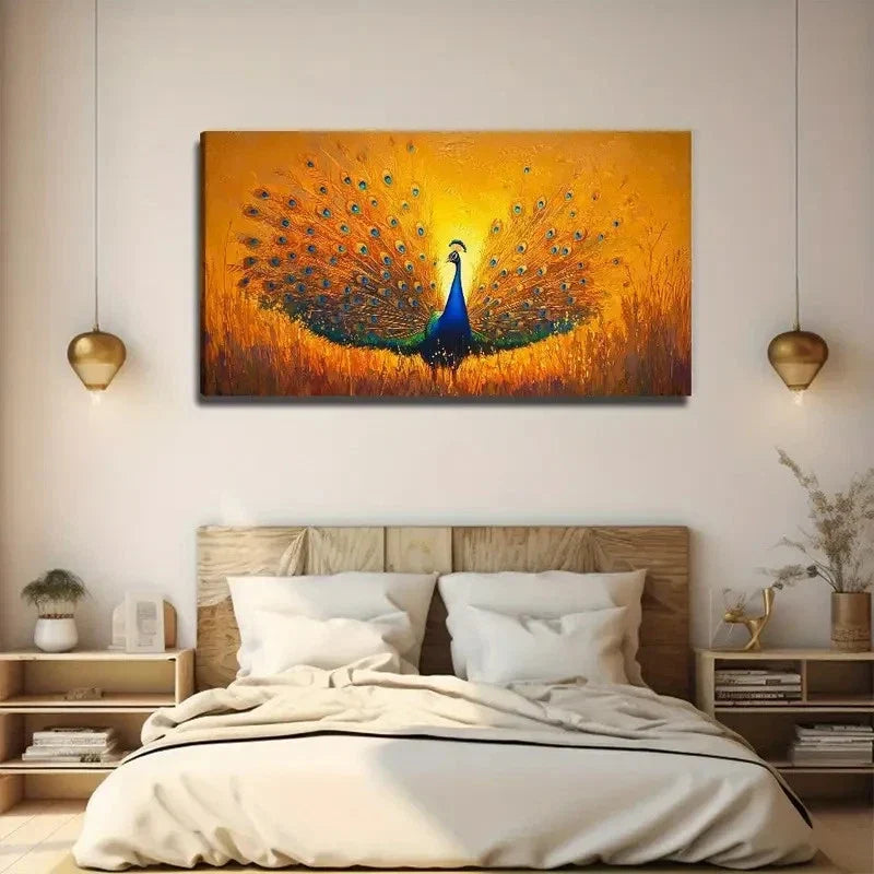 Sunset Peacock Vibrant Wall Art Canvas Office Home Room Framed 80x45cm