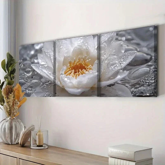 3pcs White Lotus Flowers Beauty Water Decorating Wall Art Set Canvas Framed 40x60cm - High Quality Print 100% Australian Made Wall Canvas Ready to Hang