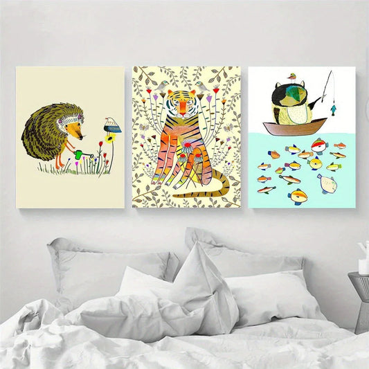 3pcs Animal Tiger Bear Fishing Cute Animals Metal Print Ready to Hang Art