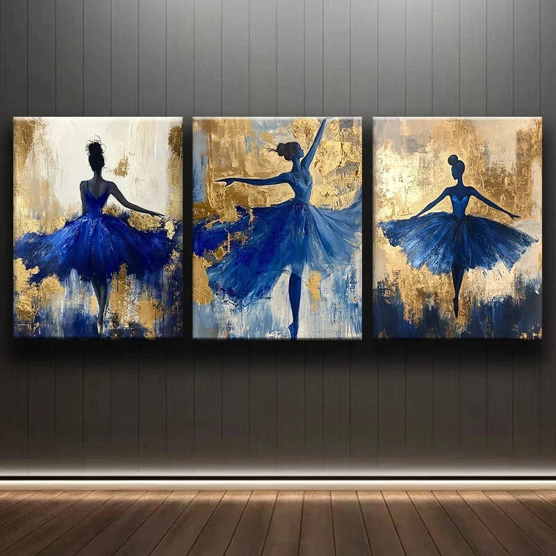 3pcs Abstract Figure Dancing Blue Dress Theme Metal Print Ready to Hang Art