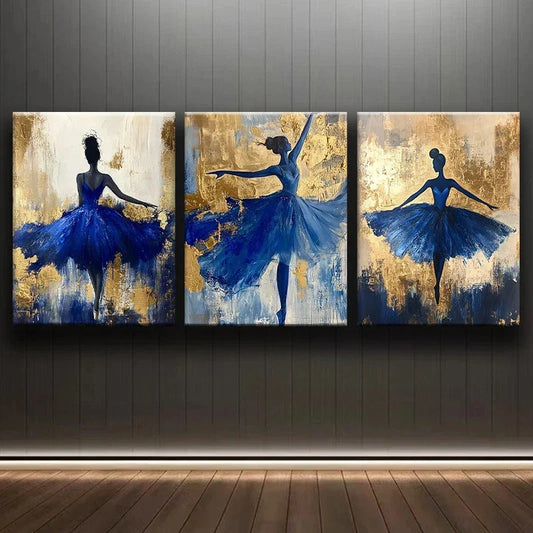 3pcs Abstract Figure Dancing Blue Dress Theme Metal Print Ready to Hang Art