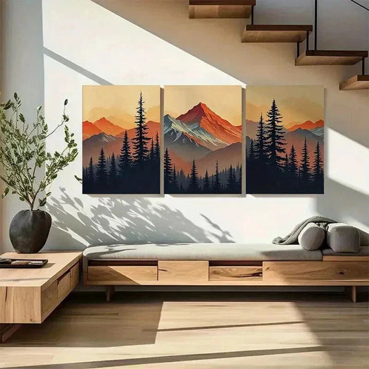 3pcs Rustic Mountain Forest at Sunset Wall Art Set Canvas Framed 40x60cm - High Quality Print 100% Australian Made Wall Canvas Ready to Hang