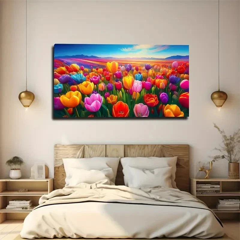 Vibrant Tulip Landscape Wall Art Canvas Office Home Room Framed 80x45cm